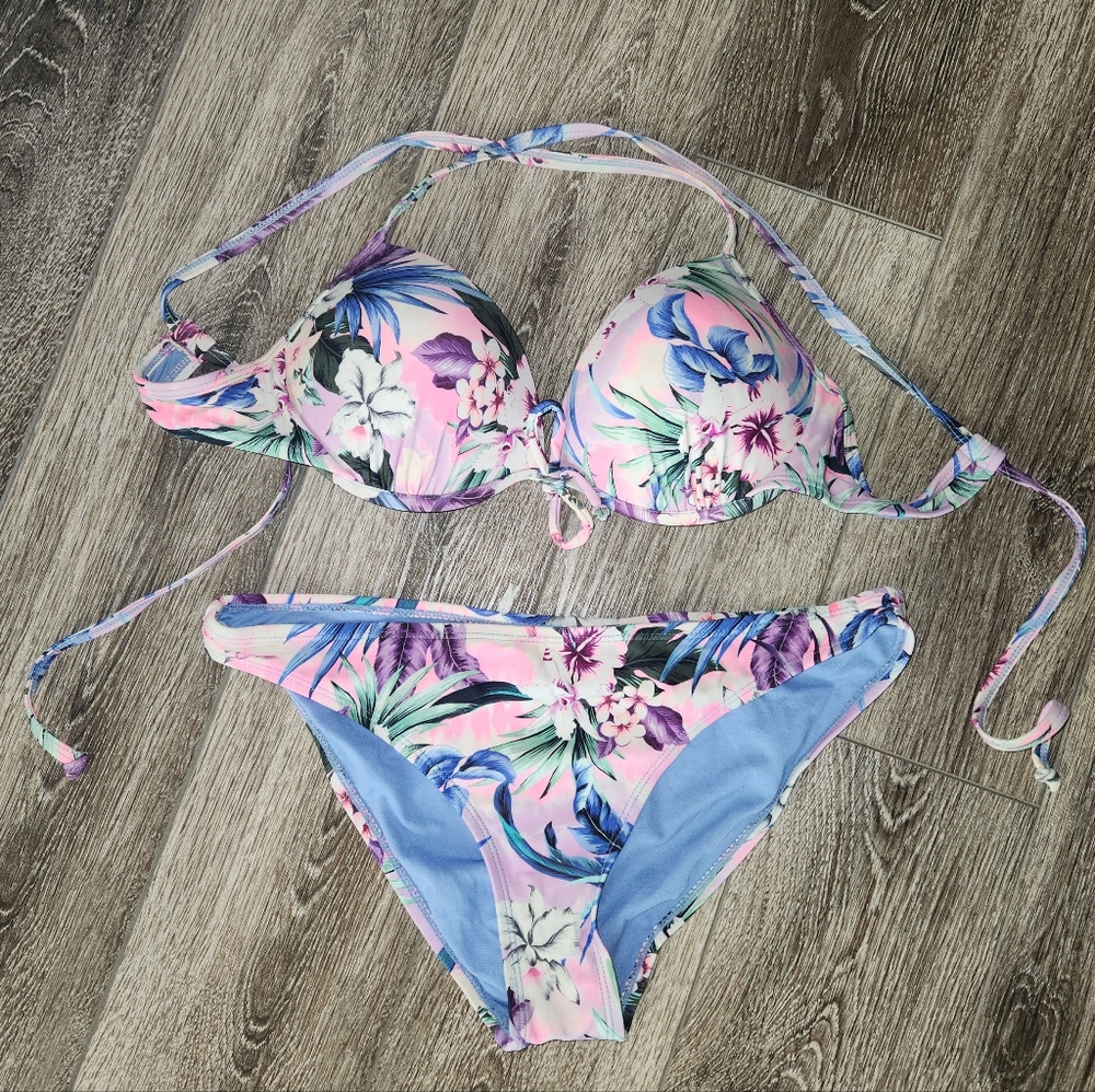 Floral Bikini Set, Large, Push Up, Adjustable Top